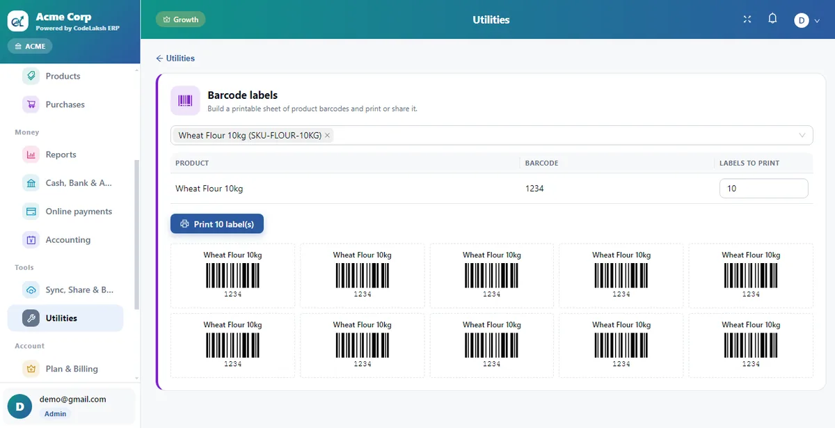 CodeLaksh ERP desktop: Barcode labels