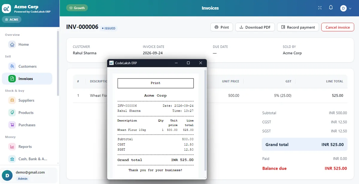 CodeLaksh ERP desktop: Invoices & printing