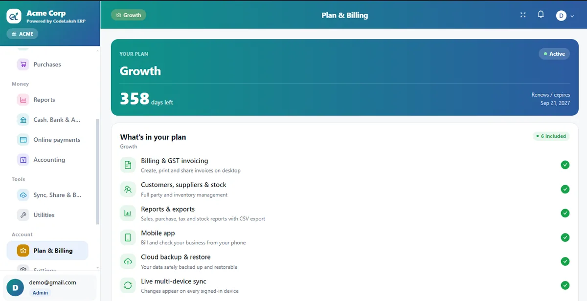 CodeLaksh ERP desktop: Plan & billing