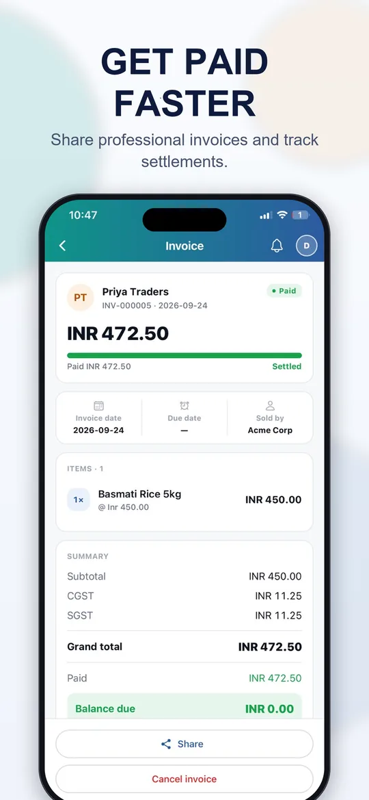 CodeLaksh ERP mobile app: invoice with payment settled and share option