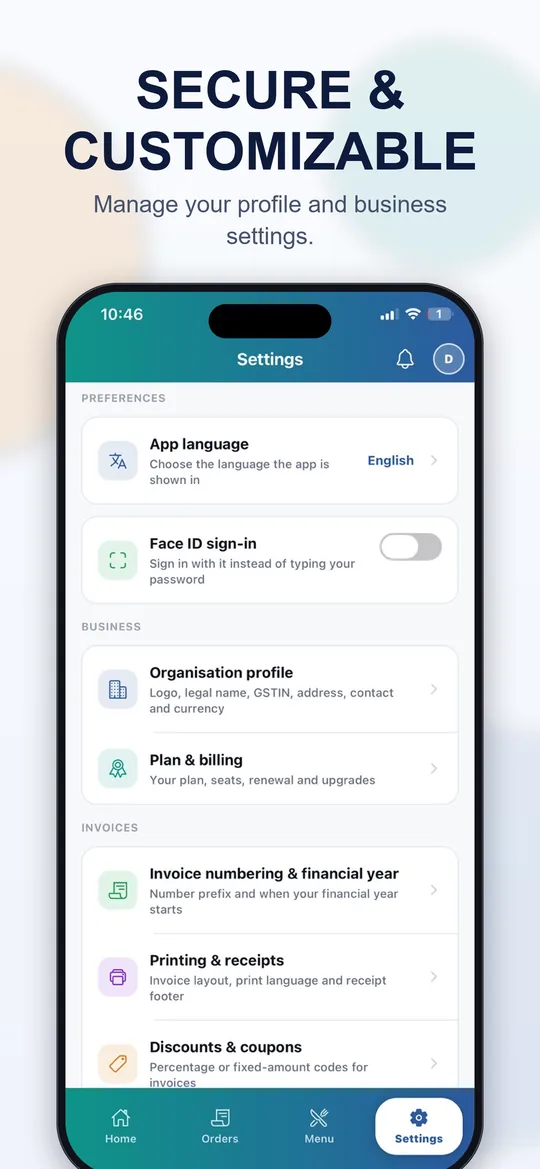 CodeLaksh ERP mobile app: secure and customizable settings