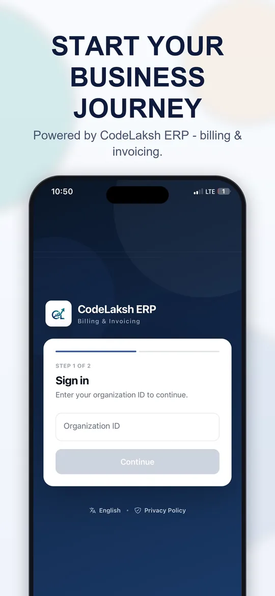 CodeLaksh ERP mobile app: sign in with your organization ID