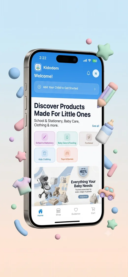 Kidodom app home screen with product categories for little ones
